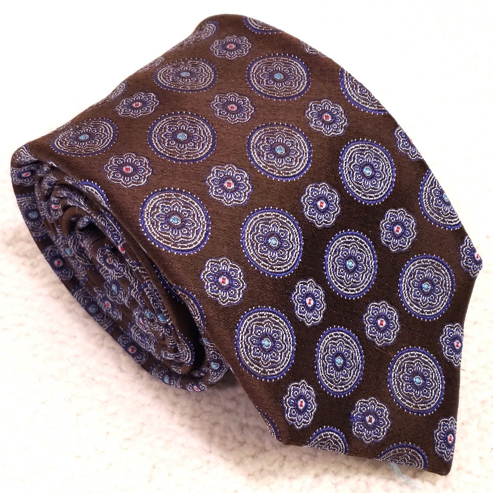 Canali Necktie 3" Brown Blue Medallion Silk Made in Italy Tie 60" Long
